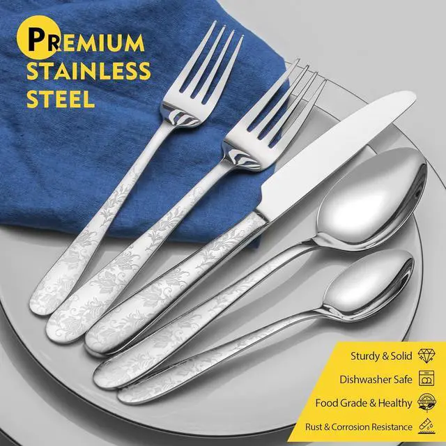 Alt view image 4 of 7 - 40 Piece Silverware Set, Service for 8, EIUBUIE Premium Stainless Steel Cutlery Set, Mirror Polished Flatware Sets with Pattern Handle, Modern Kitchen Eating Utensils Sets