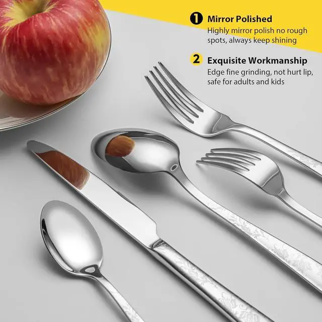 Alt view image 5 of 7 - 40 Piece Silverware Set, Service for 8, EIUBUIE Premium Stainless Steel Cutlery Set, Mirror Polished Flatware Sets with Pattern Handle, Modern Kitchen Eating Utensils Sets