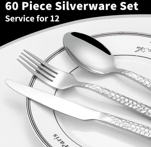 Alt view image 2 of 6 - Silverware Set for 12, Amafox 60-Piece Stainless Steel Hammered Flatware Set, Food-Graded Kitchen Cutlery Utensil Set Include Knives Forks and Spoons, Mirror Finished Silverware Sets, Dishwasher Safe