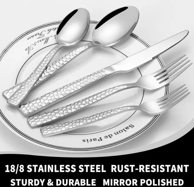 Alt view image 3 of 6 - Silverware Set for 12, Amafox 60-Piece Stainless Steel Hammered Flatware Set, Food-Graded Kitchen Cutlery Utensil Set Include Knives Forks and Spoons, Mirror Finished Silverware Sets, Dishwasher Safe