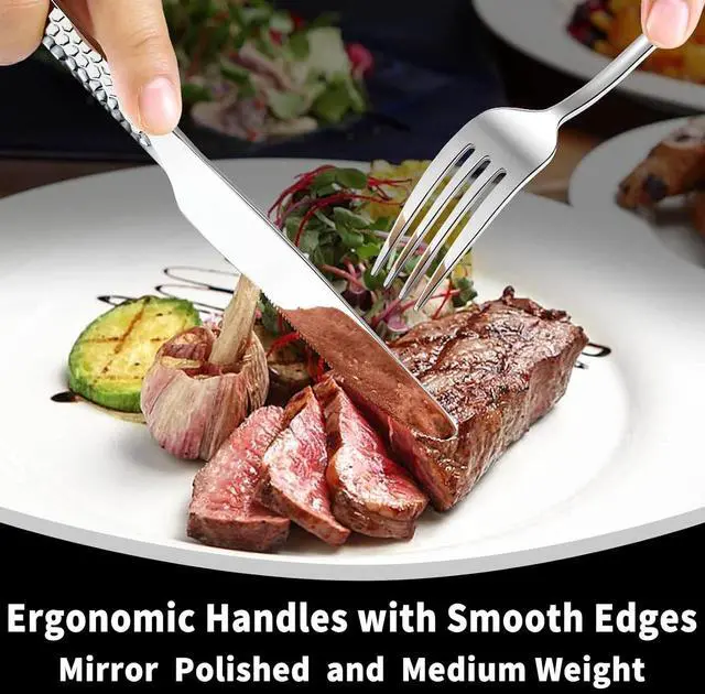 Alt view image 4 of 6 - Silverware Set for 12, Amafox 60-Piece Stainless Steel Hammered Flatware Set, Food-Graded Kitchen Cutlery Utensil Set Include Knives Forks and Spoons, Mirror Finished Silverware Sets, Dishwasher Safe