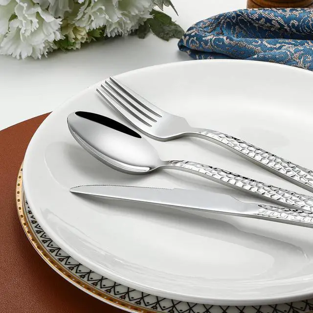 Alt view image 5 of 6 - Silverware Set for 12, Amafox 60-Piece Stainless Steel Hammered Flatware Set, Food-Graded Kitchen Cutlery Utensil Set Include Knives Forks and Spoons, Mirror Finished Silverware Sets, Dishwasher Safe