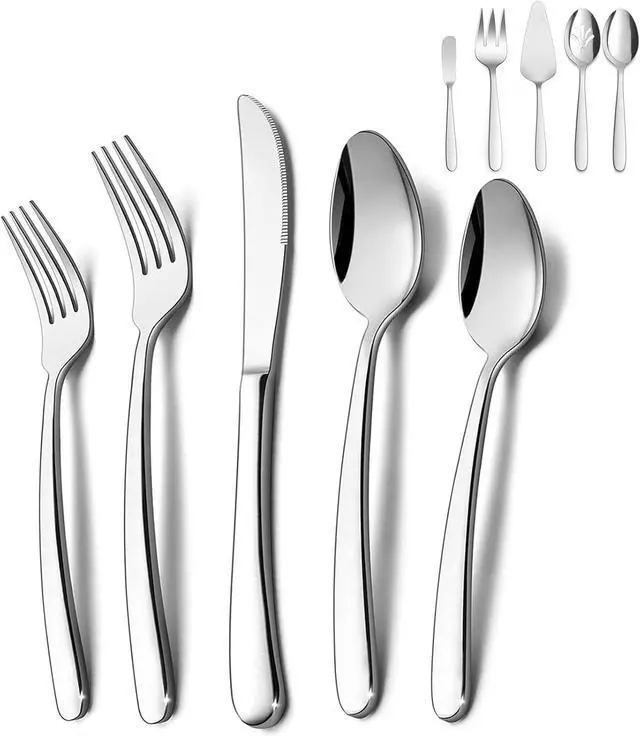 Main image of HaWare Heavy Duty Silverware Set, 45 Pieces Stainless Steel Flatware with Serving Utensils, Weight Tableware for 8, Modern Cutlery for Home, Dishwasher Safe, Mirror Polished