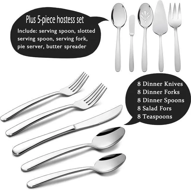 Alt view image 2 of 7 - HaWare Heavy Duty Silverware Set, 45 Pieces Stainless Steel Flatware with Serving Utensils, Weight Tableware for 8, Modern Cutlery for Home, Dishwasher Safe, Mirror Polished