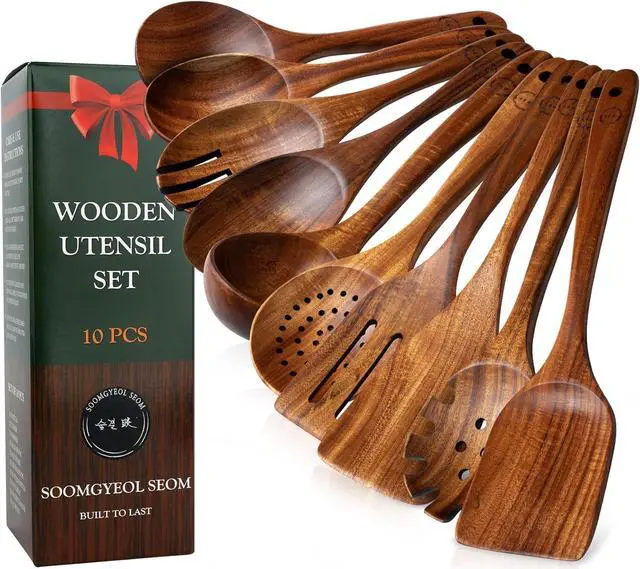 Main image of Wooden Spoons for Cooking  10-Piece Teak Wood Cookware Utensil Set with Smooth Finish  Non-Stick, Comfortable Grip  Durable, Heat Resistant Kitchen Utensils