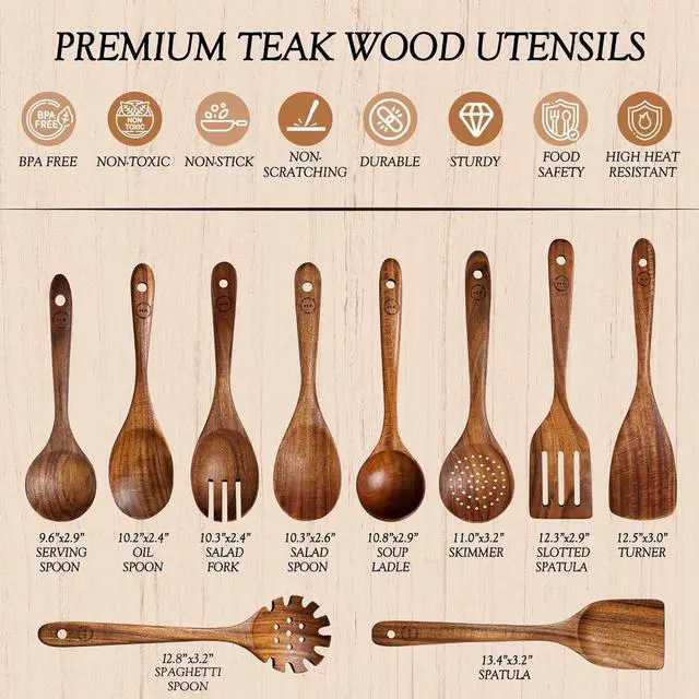 Alt view image 4 of 7 - Wooden Spoons for Cooking  10-Piece Teak Wood Cookware Utensil Set with Smooth Finish  Non-Stick, Comfortable Grip  Durable, Heat Resistant Kitchen Utensils