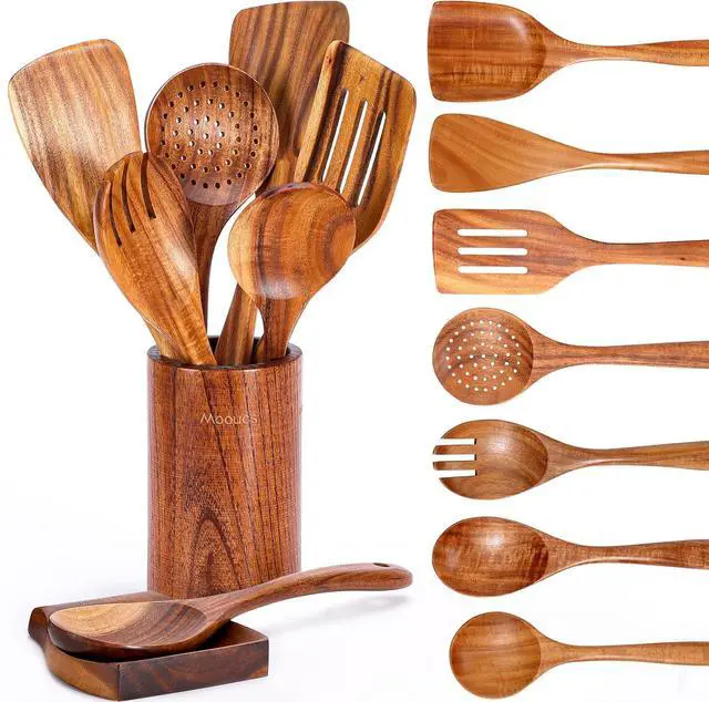 Main image of 9 Piece Natural Teak Wooden Kitchen Utensil Set with Spoon Rest - Comfort Grip Cooking Spoons and Utensils Holder