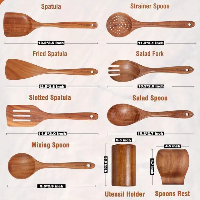 Alt view image 2 of 7 - 9 Piece Natural Teak Wooden Kitchen Utensil Set with Spoon Rest - Comfort Grip Cooking Spoons and Utensils Holder