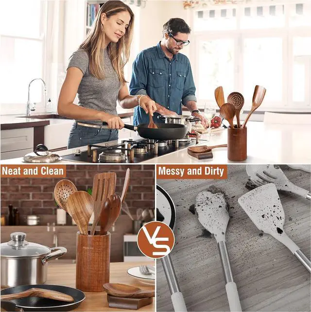 Alt view image 5 of 7 - 9 Piece Natural Teak Wooden Kitchen Utensil Set with Spoon Rest - Comfort Grip Cooking Spoons and Utensils Holder
