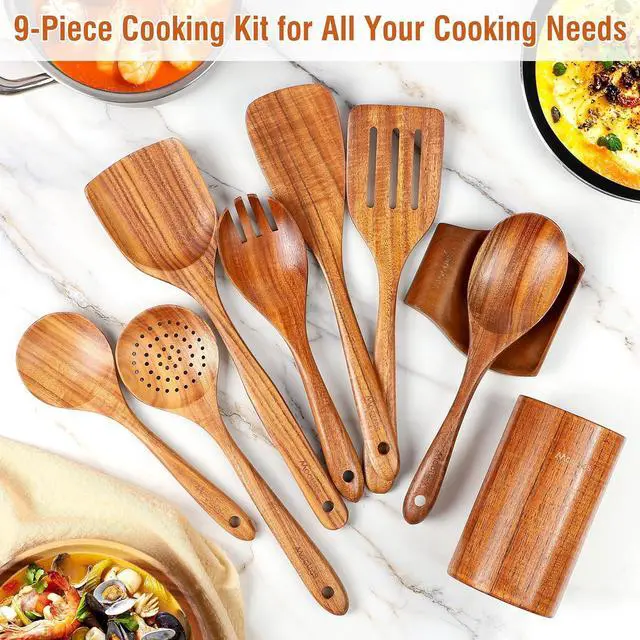 Alt view image 6 of 7 - 9 Piece Natural Teak Wooden Kitchen Utensil Set with Spoon Rest - Comfort Grip Cooking Spoons and Utensils Holder