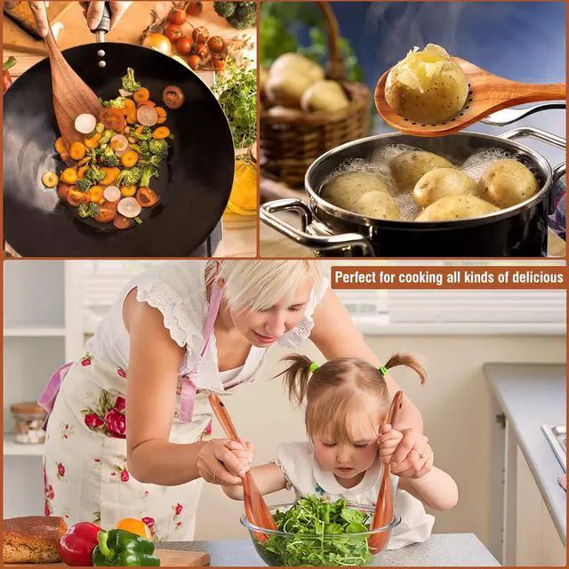 Alt view image 7 of 7 - 9 Piece Natural Teak Wooden Kitchen Utensil Set with Spoon Rest - Comfort Grip Cooking Spoons and Utensils Holder