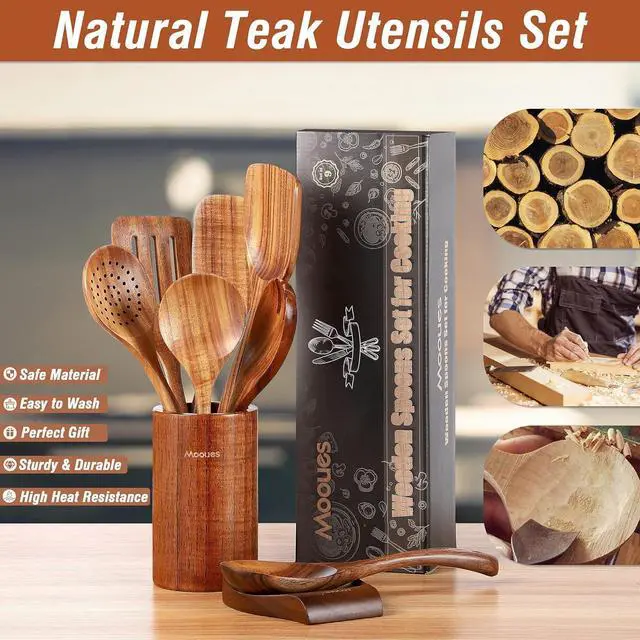 Alt view image 3 of 7 - 9 Piece Natural Teak Wooden Kitchen Utensil Set with Spoon Rest - Comfort Grip Cooking Spoons and Utensils Holder