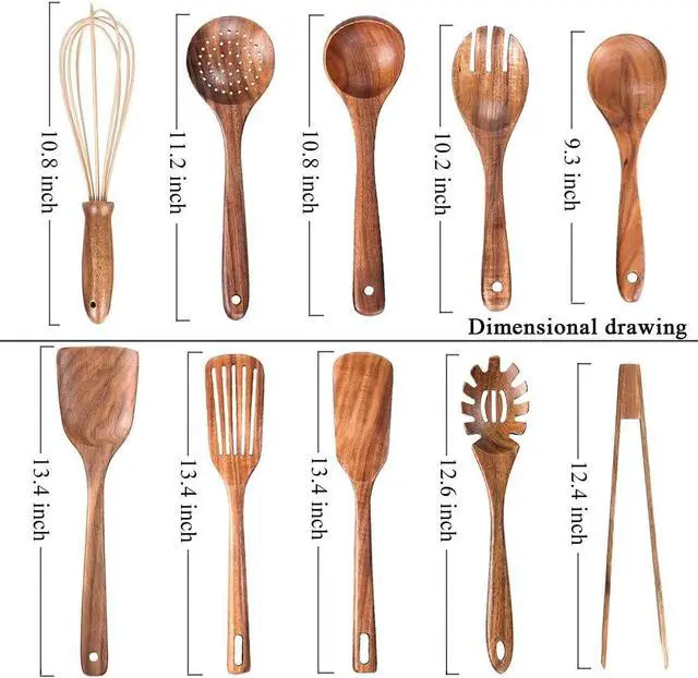 Alt view image 2 of 6 - 10 Pack Wooden Utensils for Cooking, Wood Utensil Set for Kitchen, Teak Wooden Spoon for Cooking, Non-Stick Spatula Ladle