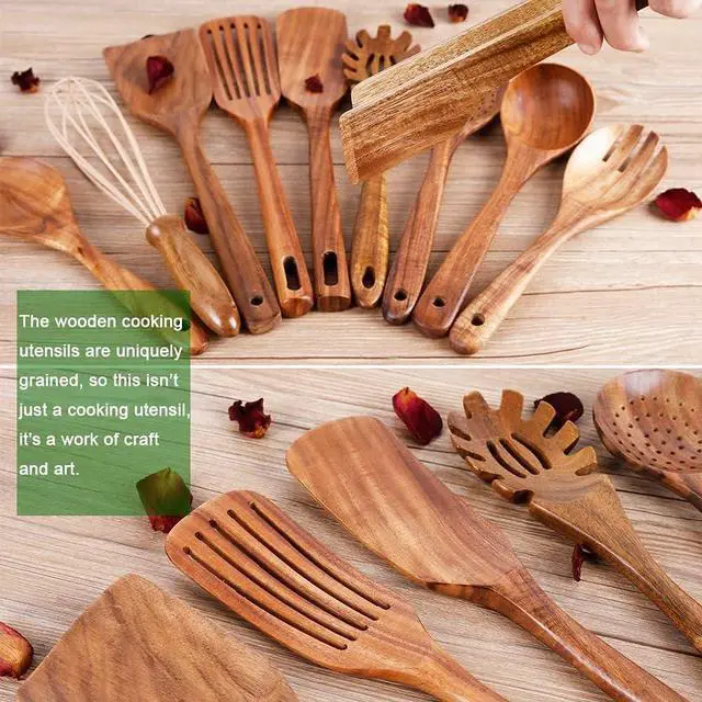 Alt view image 4 of 6 - 10 Pack Wooden Utensils for Cooking, Wood Utensil Set for Kitchen, Teak Wooden Spoon for Cooking, Non-Stick Spatula Ladle