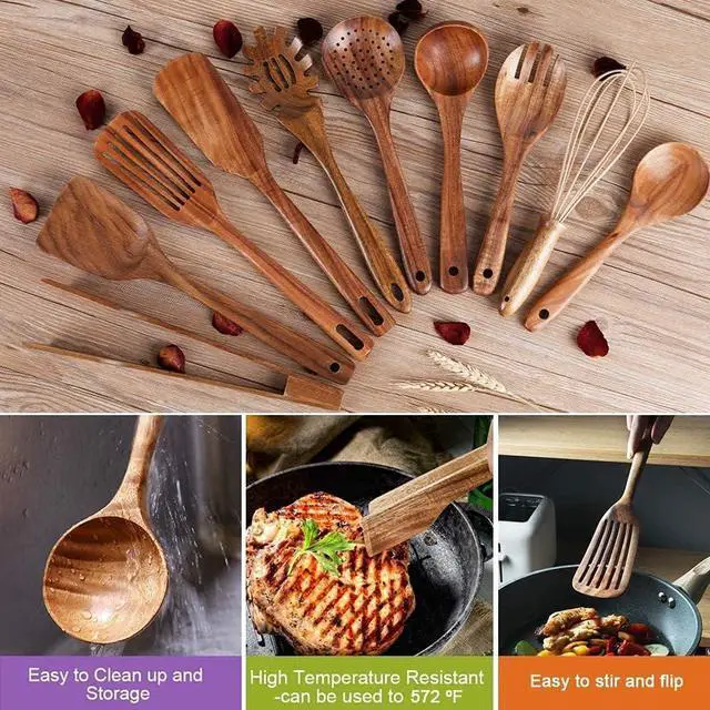 Alt view image 5 of 6 - 10 Pack Wooden Utensils for Cooking, Wood Utensil Set for Kitchen, Teak Wooden Spoon for Cooking, Non-Stick Spatula Ladle
