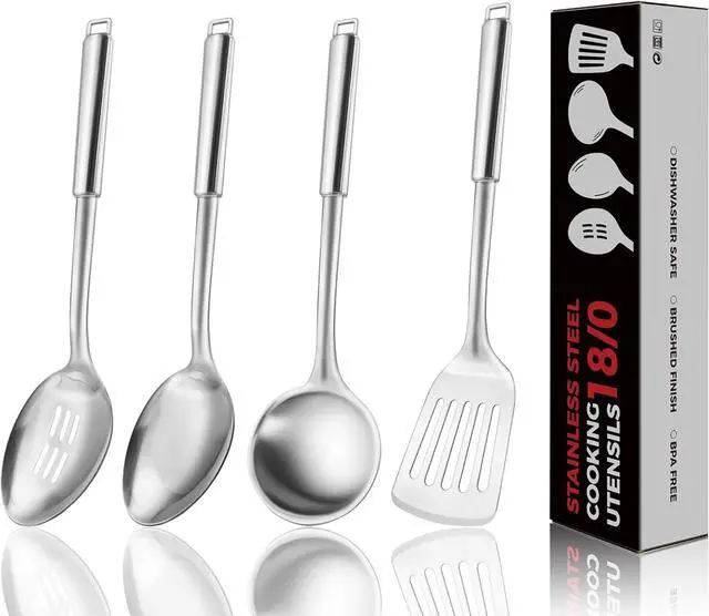 Main image of 18/0 Stainless Steel Kitchen Cooking Utensil Set, Ergonomic Handle, Dishwasher Safe, Slotted Spoon, Ladle, Turner, Serving Spoon for Housewarming Daily Use Commercial, Pack of 4