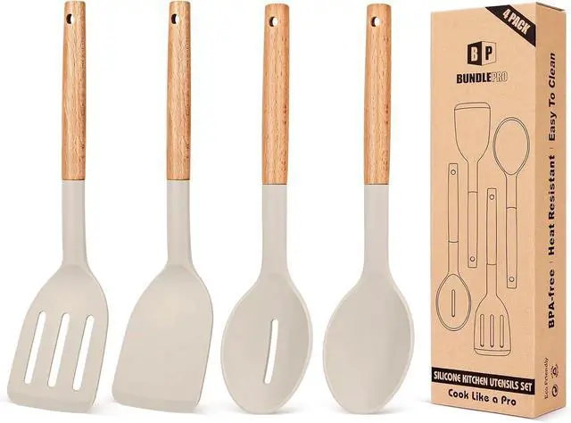 Main image of Pack of 4 Silicone Cooking Utensils Set, Non Stick Solid Spatulas and Heat Resistant Slotted Spoons with Wooden Handle, Ideal Wood Kitchen Utensils Set for Frying,Serving,Turning,Stirring (KHAKI)
