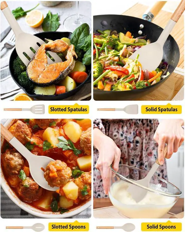 Alt view image 5 of 7 - Pack of 4 Silicone Cooking Utensils Set, Non Stick Solid Spatulas and Heat Resistant Slotted Spoons with Wooden Handle, Ideal Wood Kitchen Utensils Set for Frying,Serving,Turning,Stirring (KHAKI)