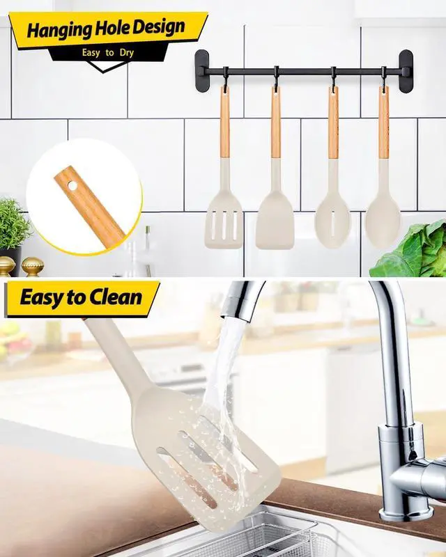 Alt view image 6 of 7 - Pack of 4 Silicone Cooking Utensils Set, Non Stick Solid Spatulas and Heat Resistant Slotted Spoons with Wooden Handle, Ideal Wood Kitchen Utensils Set for Frying,Serving,Turning,Stirring (KHAKI)