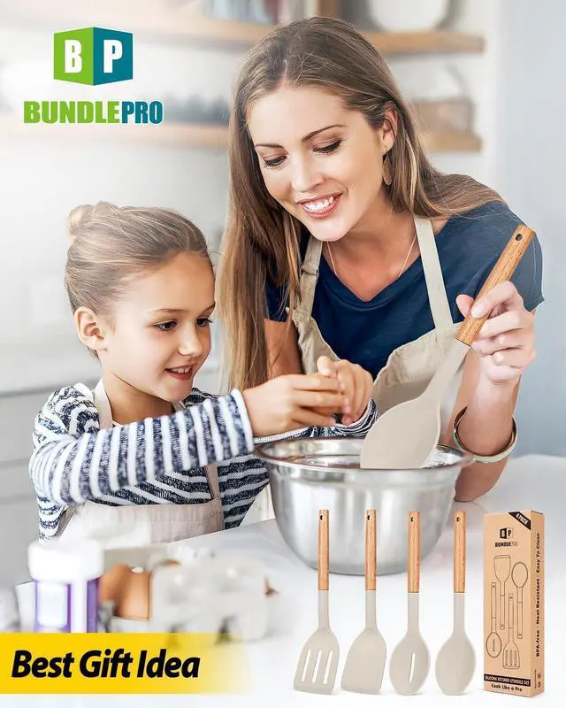 Alt view image 7 of 7 - Pack of 4 Silicone Cooking Utensils Set, Non Stick Solid Spatulas and Heat Resistant Slotted Spoons with Wooden Handle, Ideal Wood Kitchen Utensils Set for Frying,Serving,Turning,Stirring (KHAKI)