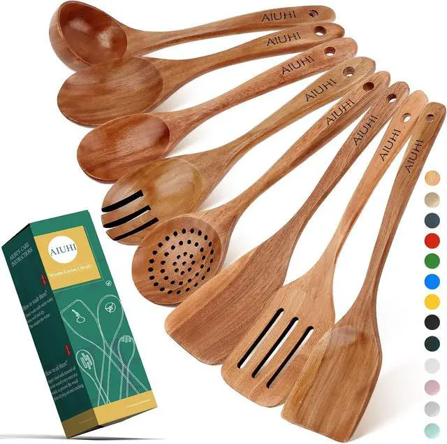 Main image of AIUHI Wood Spoons for Cooking, Nonstick Kitchen Utensil Set, Wooden Spoons Cooking Utensil Set Non Scratch Natural Teak Wooden Utensils for Cooking (Teak 8 Pack)