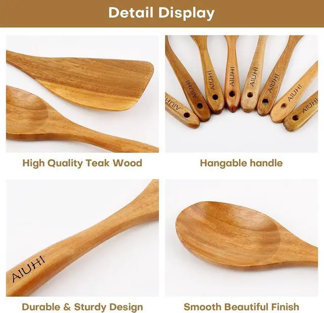 Alt view image 5 of 6 - AIUHI Wood Spoons for Cooking, Nonstick Kitchen Utensil Set, Wooden Spoons Cooking Utensil Set Non Scratch Natural Teak Wooden Utensils for Cooking (Teak 8 Pack)