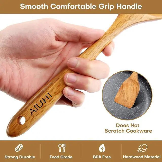 Alt view image 3 of 6 - AIUHI Wood Spoons for Cooking, Nonstick Kitchen Utensil Set, Wooden Spoons Cooking Utensil Set Non Scratch Natural Teak Wooden Utensils for Cooking (Teak 8 Pack)