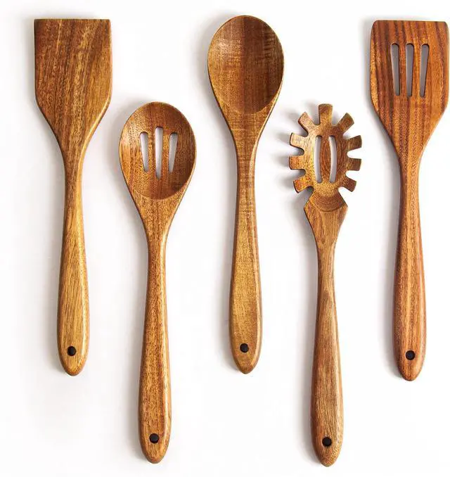 Main image of Acacia Wooden Spoons for Cooking: 5-Piece Kitchen & Cooking Utensils Set - Wooden Spatula, Slotted & Pasta Spoon - Essential Wooden Utensil Set