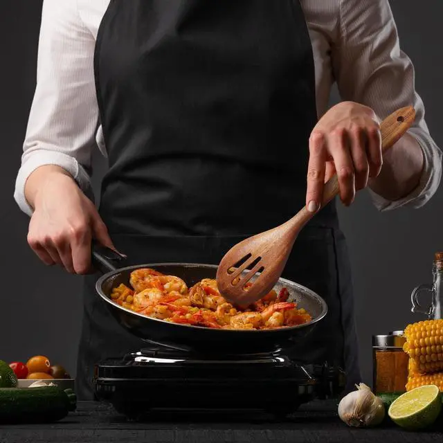 Alt view image 5 of 7 - Acacia Wooden Spoons for Cooking: 5-Piece Kitchen & Cooking Utensils Set - Wooden Spatula, Slotted & Pasta Spoon - Essential Wooden Utensil Set