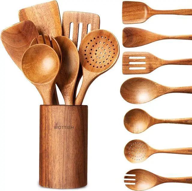Main image of Wooden Spoons for Cooking - 8-Piece Wooden Kitchen Utensil Set made of Natural Solid Wood Material - Includes Spoons, Spatulas, Ladles, Strainer Spoon, Salad Fork, Mixing Spoon and Utensil Holder