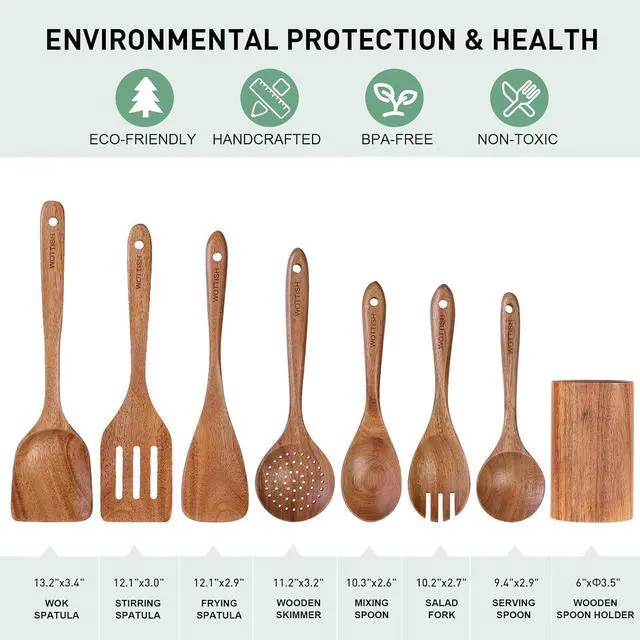 Alt view image 2 of 7 - Wooden Spoons for Cooking - 8-Piece Wooden Kitchen Utensil Set made of Natural Solid Wood Material - Includes Spoons, Spatulas, Ladles, Strainer Spoon, Salad Fork, Mixing Spoon and Utensil Holder