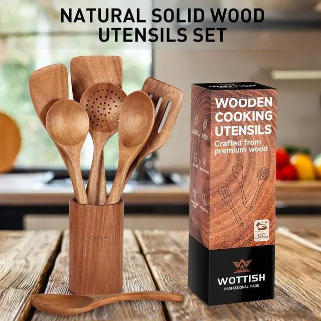 Alt view image 3 of 7 - Wooden Spoons for Cooking - 8-Piece Wooden Kitchen Utensil Set made of Natural Solid Wood Material - Includes Spoons, Spatulas, Ladles, Strainer Spoon, Salad Fork, Mixing Spoon and Utensil Holder