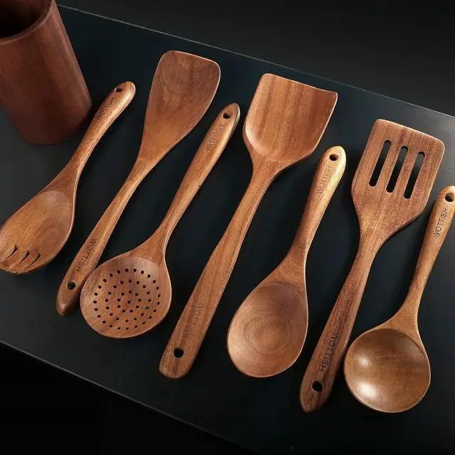 Alt view image 4 of 7 - Wooden Spoons for Cooking - 8-Piece Wooden Kitchen Utensil Set made of Natural Solid Wood Material - Includes Spoons, Spatulas, Ladles, Strainer Spoon, Salad Fork, Mixing Spoon and Utensil Holder