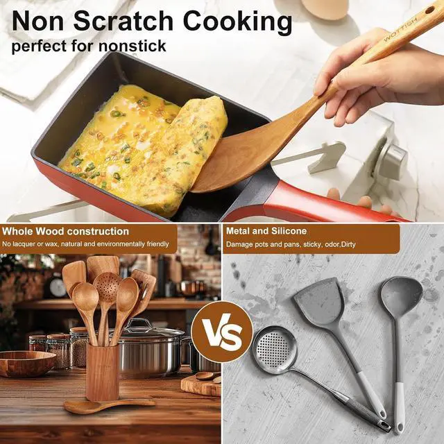 Alt view image 5 of 7 - Wooden Spoons for Cooking - 8-Piece Wooden Kitchen Utensil Set made of Natural Solid Wood Material - Includes Spoons, Spatulas, Ladles, Strainer Spoon, Salad Fork, Mixing Spoon and Utensil Holder