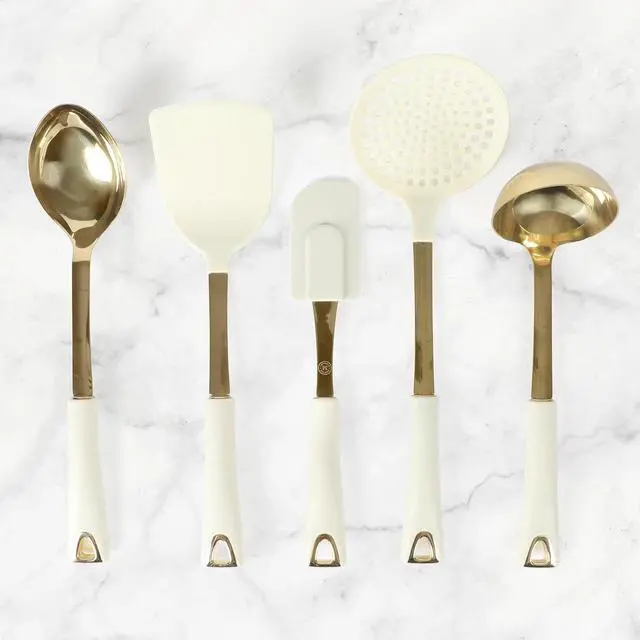 Alt view image 3 of 7 - Martha Stewart Lockton 5-Piece Stainless Steel & Nylon Kitchen Tool Set - Linen w/Gold