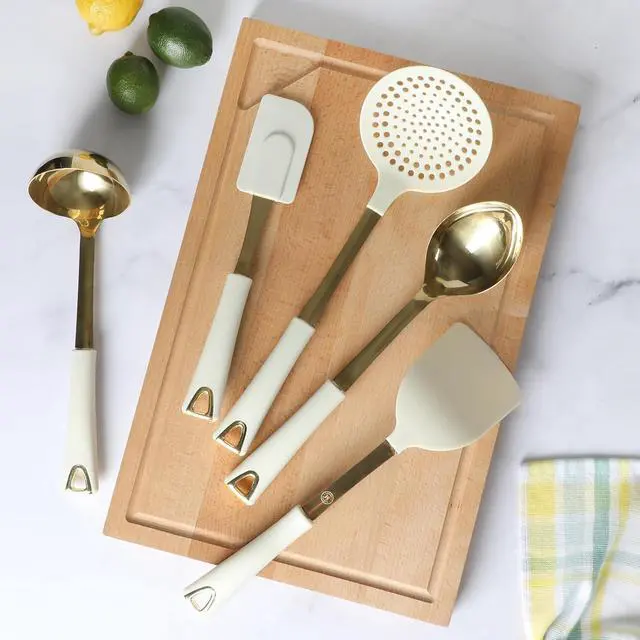 Alt view image 2 of 7 - Martha Stewart Lockton 5-Piece Stainless Steel & Nylon Kitchen Tool Set - Linen w/Gold