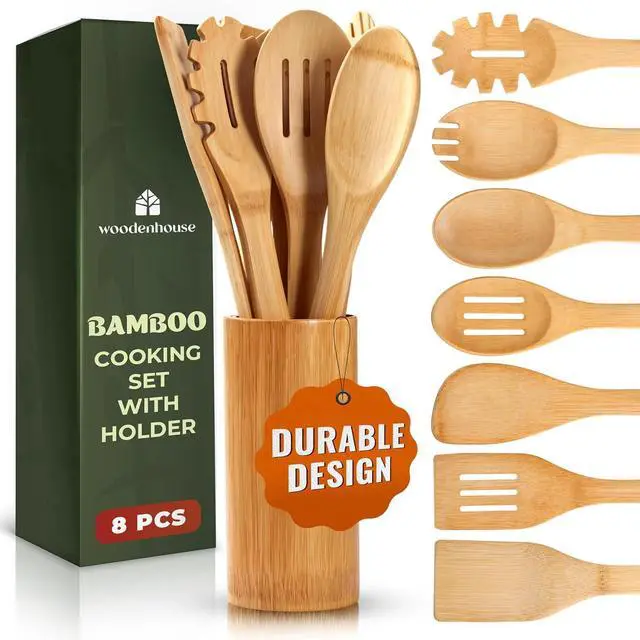 Main image of Bamboo Utensils 7 PCs with Holder  Bamboo Cooking Utensils Set + Holder for Nonstick  Wooden Spoon Sets for Cooking  Easy to Clean, Sturdy, Lightweight & Heat Resistant