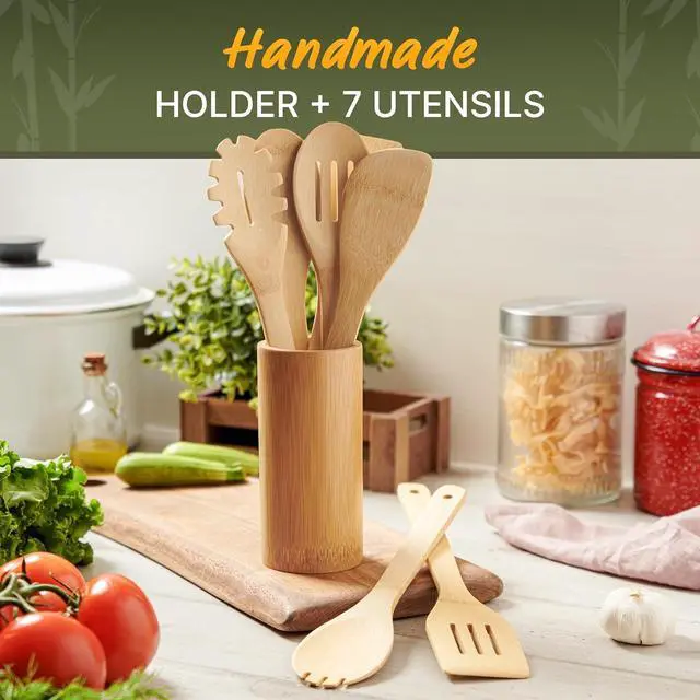 Alt view image 2 of 7 - Bamboo Utensils 7 PCs with Holder  Bamboo Cooking Utensils Set + Holder for Nonstick  Wooden Spoon Sets for Cooking  Easy to Clean, Sturdy, Lightweight & Heat Resistant