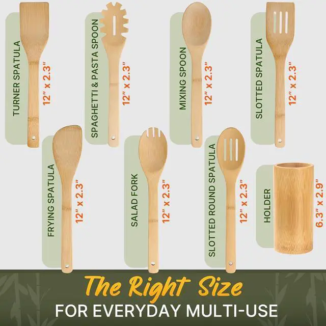 Alt view image 3 of 7 - Bamboo Utensils 7 PCs with Holder  Bamboo Cooking Utensils Set + Holder for Nonstick  Wooden Spoon Sets for Cooking  Easy to Clean, Sturdy, Lightweight & Heat Resistant