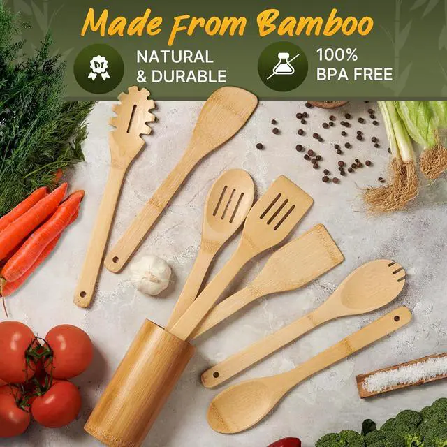 Alt view image 5 of 7 - Bamboo Utensils 7 PCs with Holder  Bamboo Cooking Utensils Set + Holder for Nonstick  Wooden Spoon Sets for Cooking  Easy to Clean, Sturdy, Lightweight & Heat Resistant