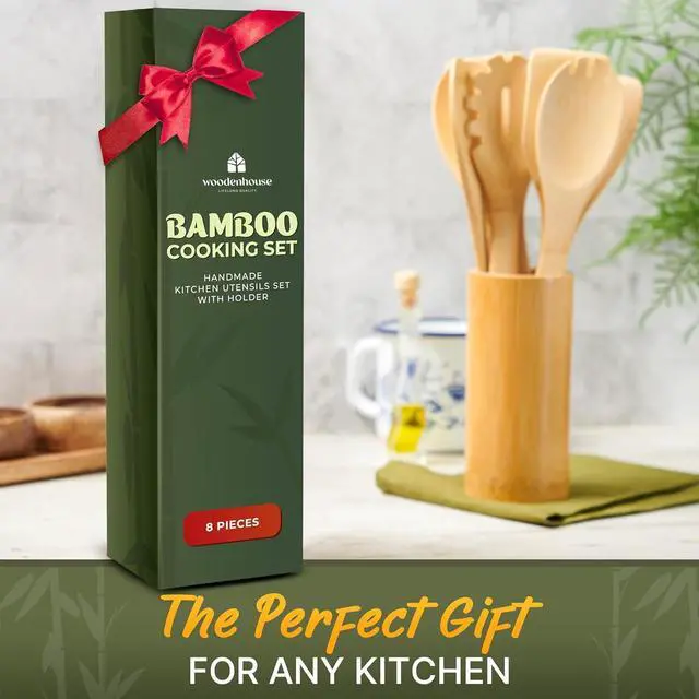 Alt view image 7 of 7 - Bamboo Utensils 7 PCs with Holder  Bamboo Cooking Utensils Set + Holder for Nonstick  Wooden Spoon Sets for Cooking  Easy to Clean, Sturdy, Lightweight & Heat Resistant