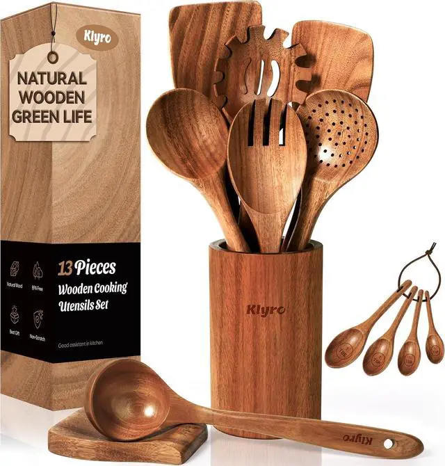 Main image of Wooden Spoons for Cooking, Nonstick Kitchen Utensils Set with 4 Piece Measuring Spoons, Comfort Grip Wooden Spatula Set, 9 Piece Teak Wooden Cooking Utensils with Holder and Spoon Rest