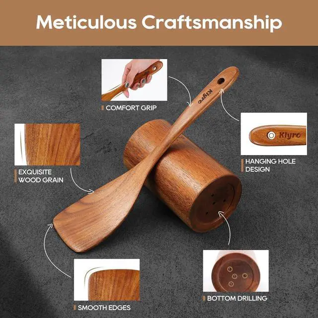 Alt view image 3 of 7 - Wooden Spoons for Cooking, Nonstick Kitchen Utensils Set with 4 Piece Measuring Spoons, Comfort Grip Wooden Spatula Set, 9 Piece Teak Wooden Cooking Utensils with Holder and Spoon Rest