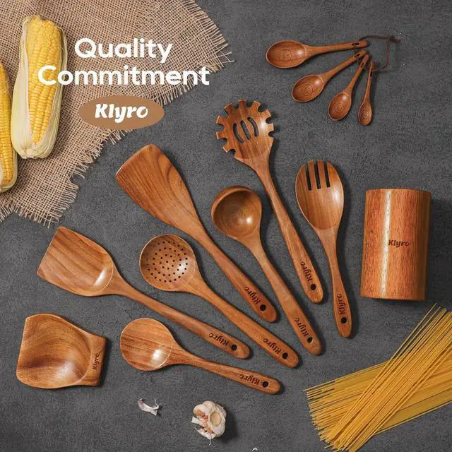 Alt view image 6 of 7 - Wooden Spoons for Cooking, Nonstick Kitchen Utensils Set with 4 Piece Measuring Spoons, Comfort Grip Wooden Spatula Set, 9 Piece Teak Wooden Cooking Utensils with Holder and Spoon Rest