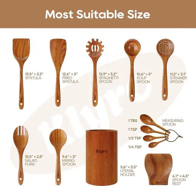 Alt view image 7 of 7 - Wooden Spoons for Cooking, Nonstick Kitchen Utensils Set with 4 Piece Measuring Spoons, Comfort Grip Wooden Spatula Set, 9 Piece Teak Wooden Cooking Utensils with Holder and Spoon Rest