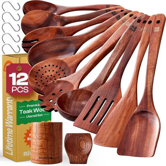 Main image of Riveira Dark Teak Kitchen Utensils Set - 12-Piece Non-Toxic Cooking Utensils Set - Wooden Spoons for Cooking - Spatula for Cooking - Teak Wooden Utensils