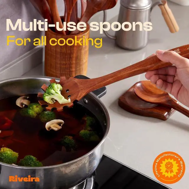 Alt view image 4 of 7 - Riveira Dark Teak Kitchen Utensils Set - 12-Piece Non-Toxic Cooking Utensils Set - Wooden Spoons for Cooking - Spatula for Cooking - Teak Wooden Utensils