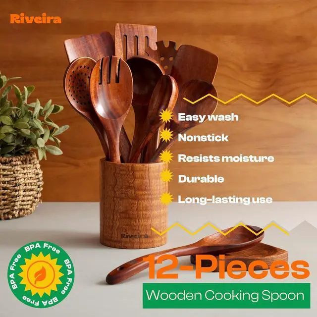 Alt view image 5 of 7 - Riveira Dark Teak Kitchen Utensils Set - 12-Piece Non-Toxic Cooking Utensils Set - Wooden Spoons for Cooking - Spatula for Cooking - Teak Wooden Utensils