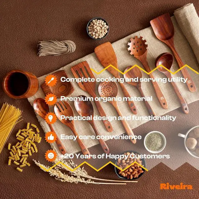 Alt view image 7 of 7 - Riveira Dark Teak Kitchen Utensils Set - 12-Piece Non-Toxic Cooking Utensils Set - Wooden Spoons for Cooking - Spatula for Cooking - Teak Wooden Utensils