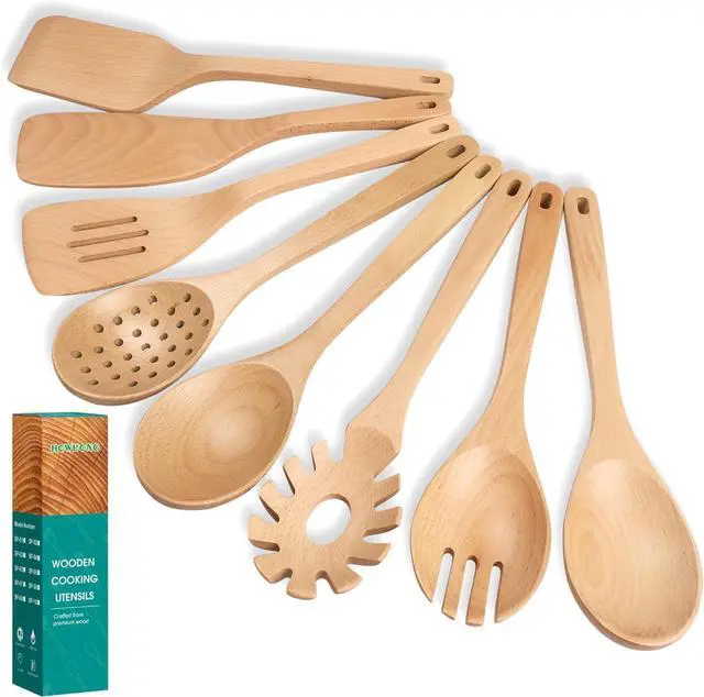 Main image of Wooden Spoons for Cooking, 8 Pcs Beech Wood Wooden Kitchen Cooking Spoon Utensil Tools Set Includes Spatula Skimmer Pasta Scoop Non-Stick Cookware Safe by HOWHONG
